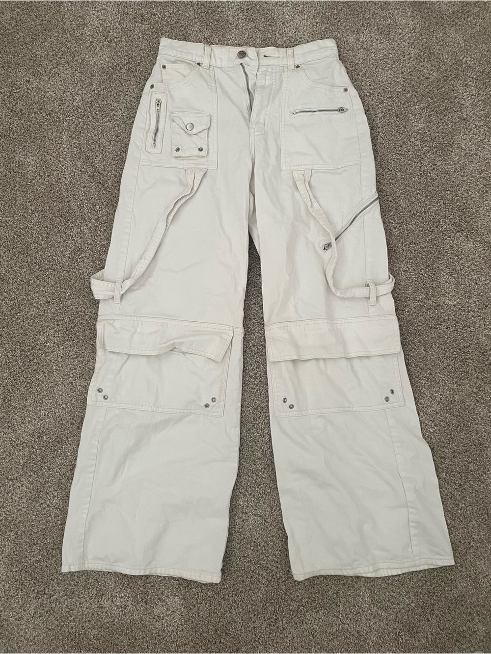 BDG Cream Wide Leg Cargo Jeans with Utility Straps